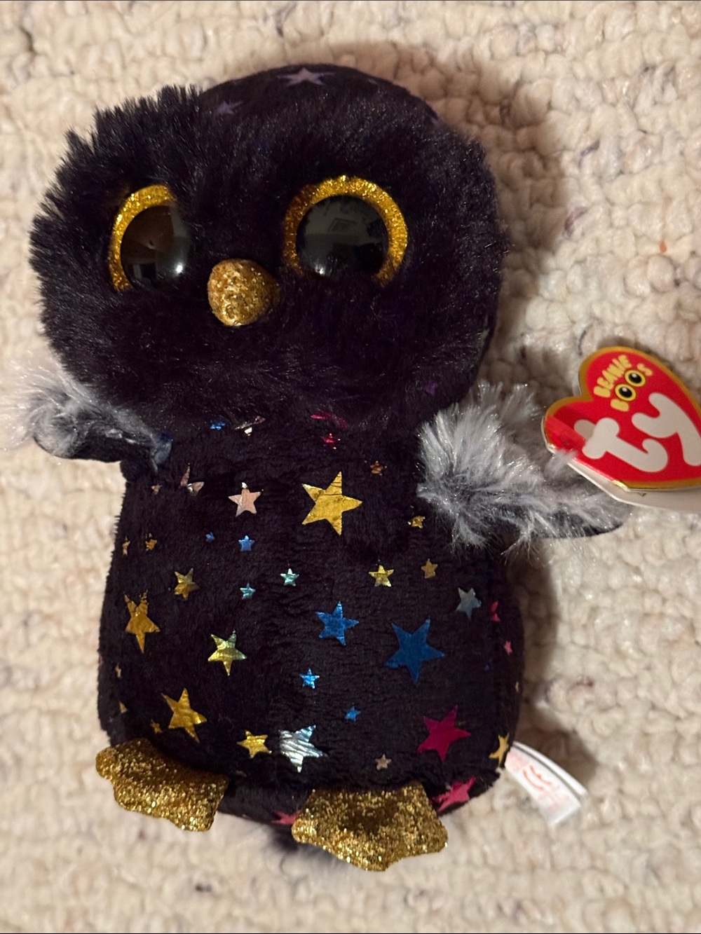 Ty Black Star Pattern Owl Plush with Gold Accents